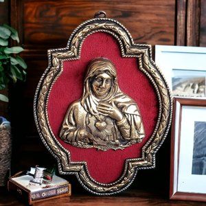 Antique Sagrado Coração de Maria Solid Brass Red Velvet Plaque Wall Hanging